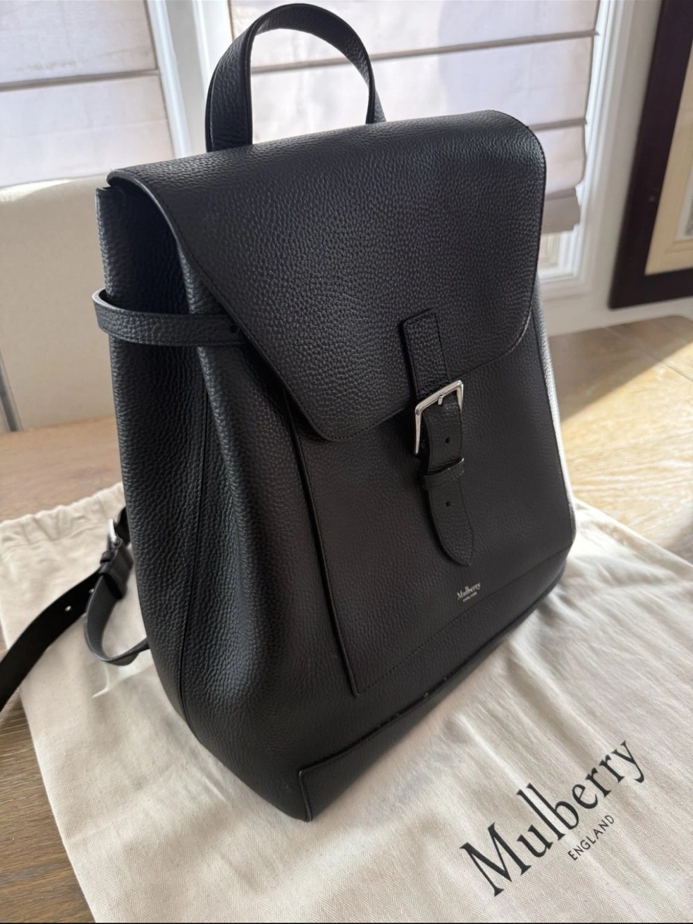 Mulberry Black Pebbled Leather Backpack with Buckle Flap